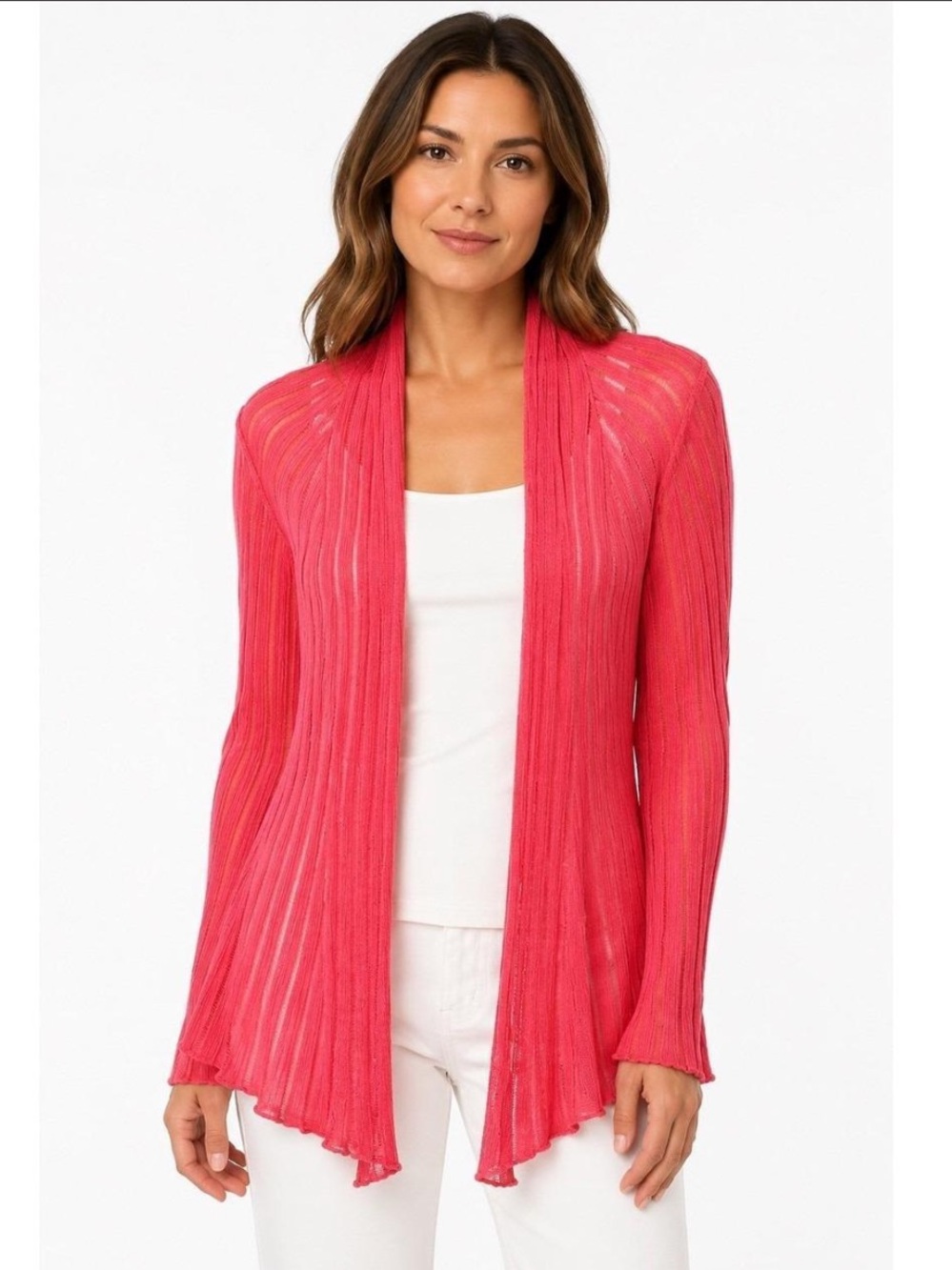 Eileen Fisher Silk Linen Variegated ribbed lightweight peony pink cardigan fall